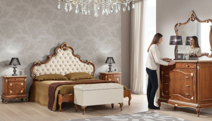 Dormitorio Juego completo Cama 2x Mesita de noche Cómoda Espejo Sillón 6 piezas Italia