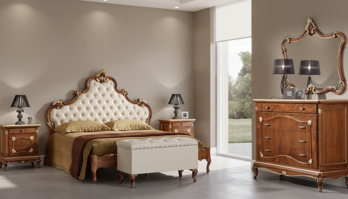 Dormitorio Juego completo Cama 2x Mesita de noche Cómoda Espejo Sillón 6 piezas Italia