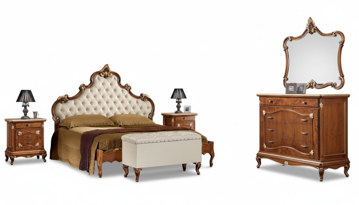 Dormitorio Juego completo Cama 2x Mesita de noche Cómoda Espejo Sillón 6 piezas Italia
