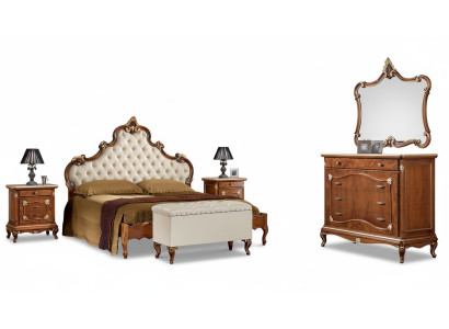 Dormitorio Juego completo Cama 2x Mesita de noche Cómoda Espejo Sillón 6 piezas Italia