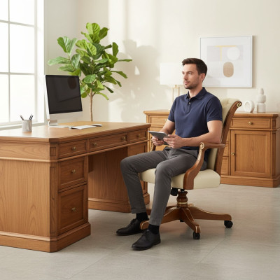 Silla de oficina de madera sillón Chesterfield muebles italianos blanco silla giratoria nuevo.
