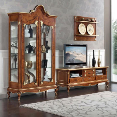 Mueble de salón italiano, estante de televisión rtv, aparador para televisión, vitrina, estante de pared, 3 piezas.