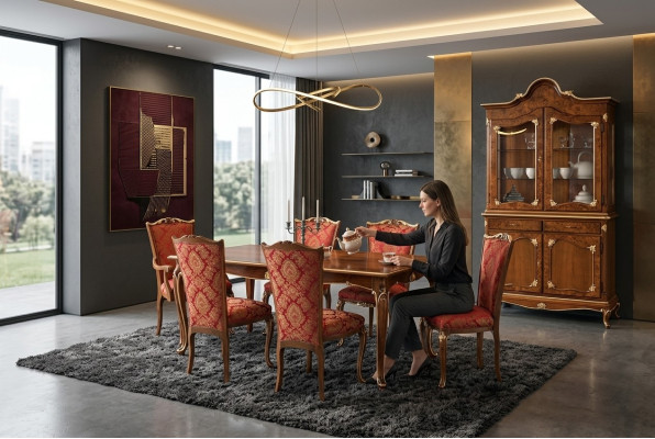 Mesa de comedor italiana + 6 sillas con respaldo, conjunto de comedor de 7 piezas.
