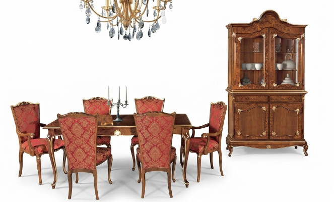 Mesa de comedor italiana + 6 sillas con respaldo, conjunto de comedor de 7 piezas.