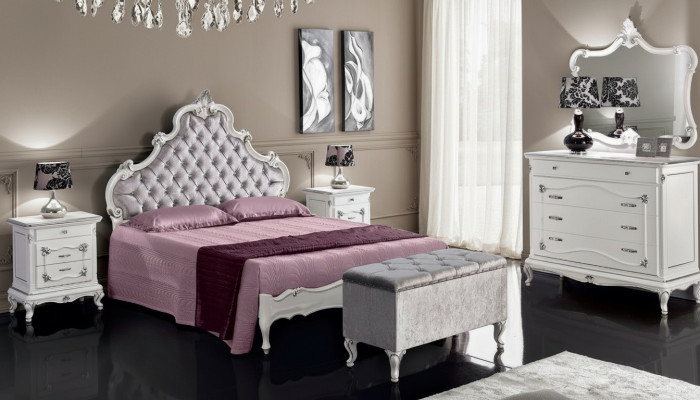 Muebles clásicos de 6 piezas para dormitorio Conjunto de cama 2 mesitas de noche Taburete Cómoda Espejo