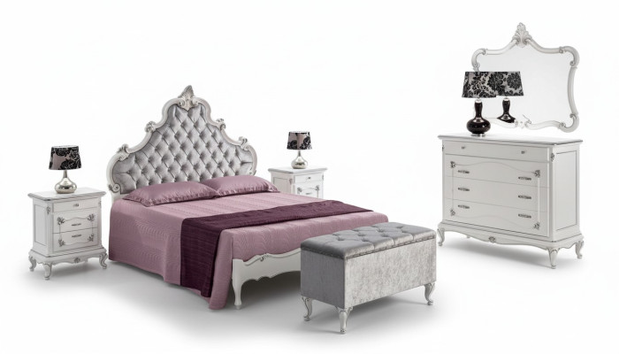Muebles clásicos de 6 piezas para dormitorio Conjunto de cama 2 mesitas de noche Taburete Cómoda Espejo