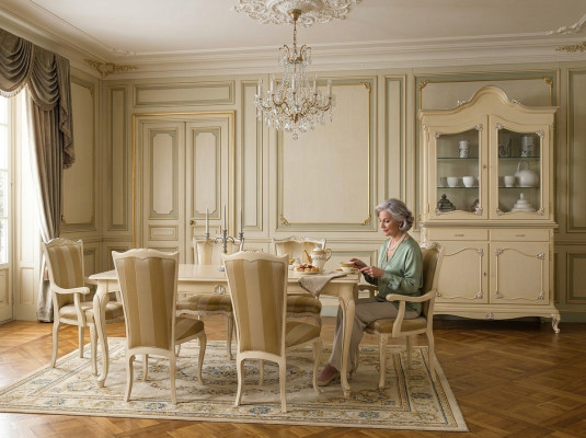 Juego de mesa con 6 sillas de comedor de estilo de lujo, conjunto de muebles de 8 piezas con vitrina.