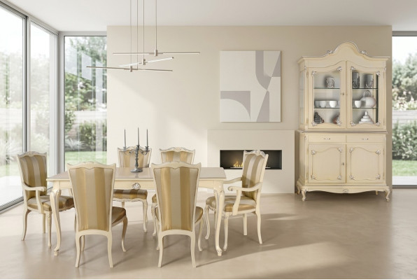 Juego de mesa con 6 sillas de comedor de estilo de lujo, conjunto de muebles de 8 piezas con vitrina.