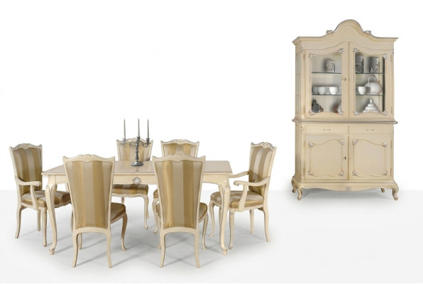 Juego de mesa con 6 sillas de comedor de estilo de lujo, conjunto de muebles de 8 piezas con vitrina.