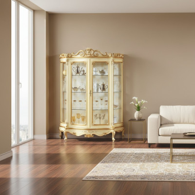 Vitrina de cristal con intrincadas tallas y elegante diseño