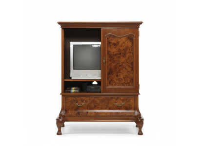 Armario de televisión en la pared, mueble de TV con televisor oculto con puertas, aparador de madera.