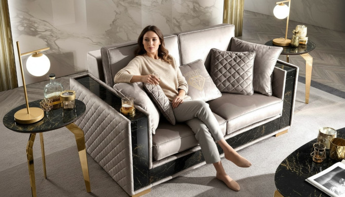 Sofá de 2 plazas de diseño moderno, tapizado en tela, sofás, muebles de asiento, conjunto de sala de estar en gris.