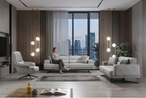 Sofá de tres plazas más dos sillones, conjunto de sofá y sillones, sofá de cuero diseño con tapicería.
