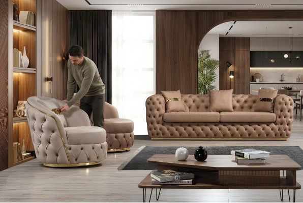 Conjunto de sofá Chesterfield de lujo de 3 plazas + 1 + 1, sofá y sillones de cuero.