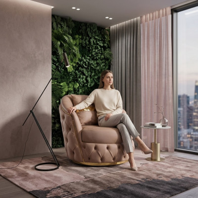 Un sillón lujoso y moderno en un tono beige claro de Chesterfield