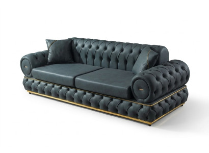 Sofá de 3 plazas Chesterfield tapizado en cuero azul para la sala de estar.