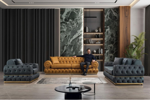 Conjunto de sofás de 3+3+1 plazas, sofá, sillón, sofás de cuero de lujo Chesterfield.