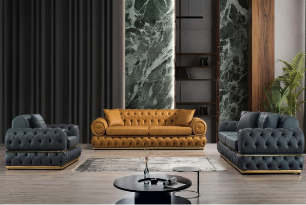 Conjunto de sofás de 3+3+1 plazas, sofá, sillón, sofás de cuero de lujo Chesterfield.