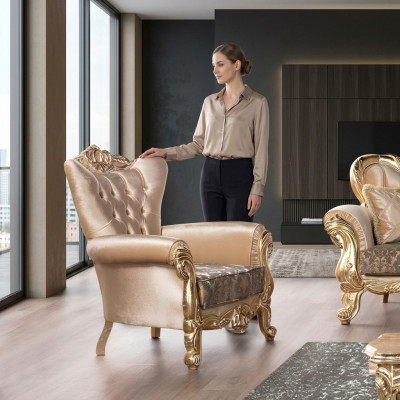 Silla Asiento Sillón Diseño Sala de estar Tapizado Nuevo Estilo Barroco Rococó Lujo Beige