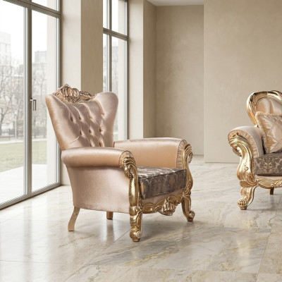 Silla Asiento Sillón Diseño Sala de estar Tapizado Nuevo Estilo Barroco Rococó Lujo Beige