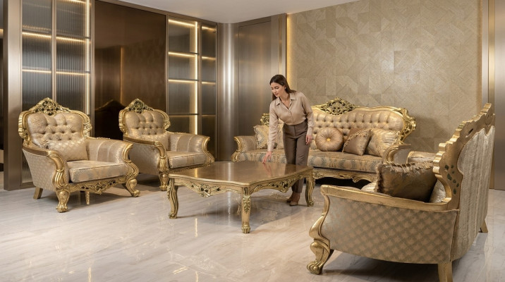 Conjunto de salón de 5 piezas con sofá de 3+3+1+1 plazas, mesa de centro y sofá de tela.