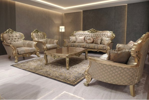 Conjunto de salón de 5 piezas con sofá de 3+3+1+1 plazas, mesa de centro y sofá de tela.