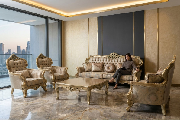 Sofá clásico de tres plazas 3 plazas Sofás Tela Estilo Barroco Sala de estar Asiento Nuevo