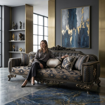 Sofá de 3 plazas de tela para salón de lujo estilo barroco de 3 piezas nuevo.