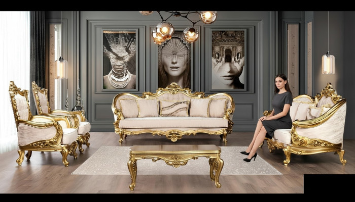 Conjunto de sofá de 5 piezas nuevo de tela barroca con sofá, asiento, mesa de centro y sillón.