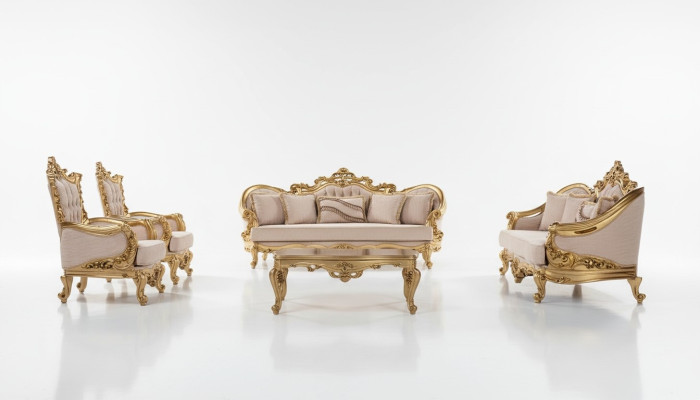 Conjunto de sofá de 5 piezas nuevo de tela barroca con sofá, asiento, mesa de centro y sillón.
