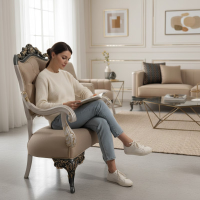 Sillón butaca diseño sofá tapizado tela barroco sala de estar tejido asiento.