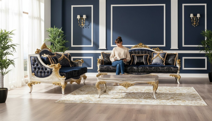 Conjunto de muebles de lujo para sofá de 3+3 plazas, sofá y sillón estilo barroco clásico de 2 piezas.