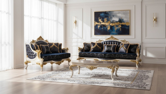 Conjunto de muebles de lujo para sofá de 3+3 plazas, sofá y sillón estilo barroco clásico de 2 piezas.