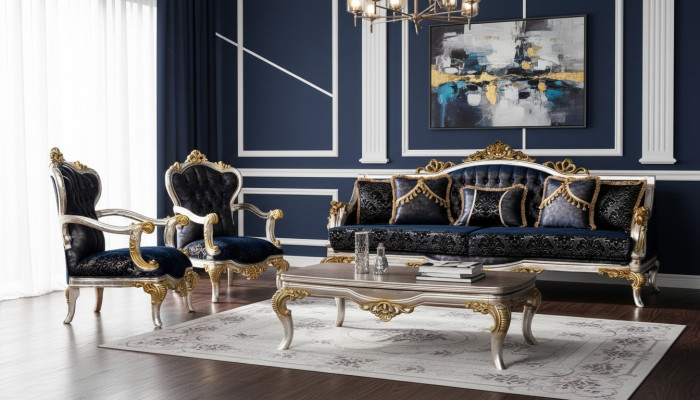 Grupo de sofás compuesto por un sofá de 3 plazas y 2 sillones individuales. Muebles de lujo en estilo barroco.