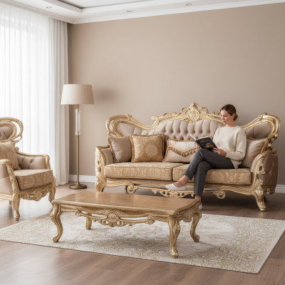 Sofá de tres plazas en terciopelo, estilo barroco rococó, muebles nuevos.