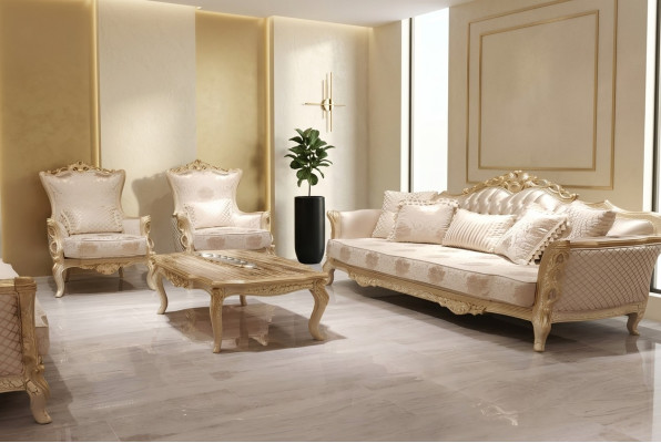 Sofá de 3 plazas + 1 + 1 mesa de centro, sofá, sillón, juego de sofás en estilo dorado.