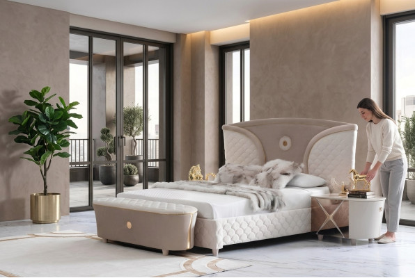 Cama Cama doble Estructura de cama moderna Camas Dormitorio Mesita de noche Nueva