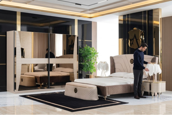 Conjunto de dormitorio de lujo cama mesita de noche cómoda taburete grupo juego nuevo de 5 piezas.