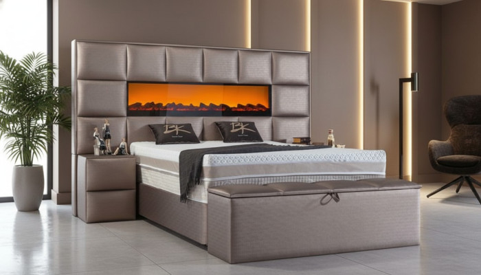 Elegante cama doble contemporánea con cabecero acolchado espacioso.