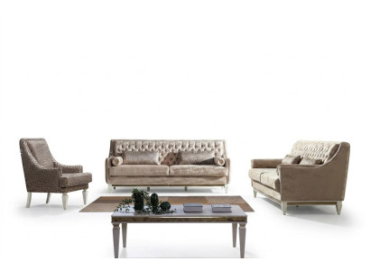 Juego de sofás Chesterfield beige de 4+3 plazas con elegante diseño de sillón.