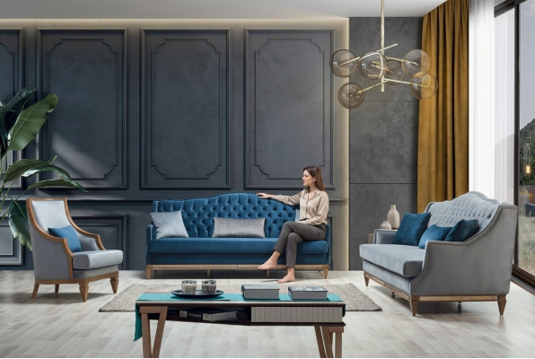 Moderno conjunto de sofá Chesterfield azul diseñado con lujo de tres plazas
