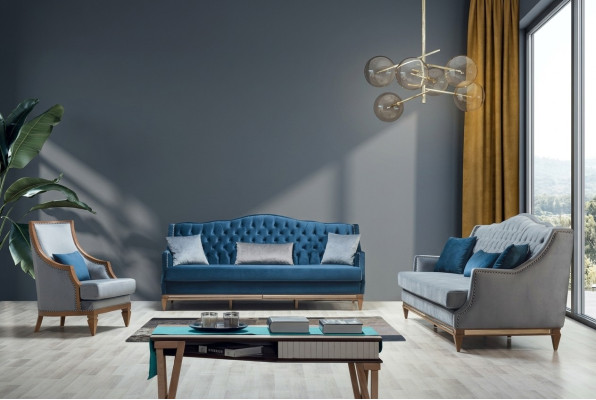 Moderno conjunto de sofá Chesterfield azul diseñado con lujo de tres plazas
