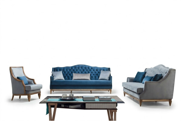 Moderno conjunto de sofá Chesterfield azul diseñado con lujo de tres plazas