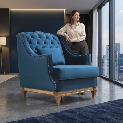 Sillón Chesterfield de lujo azul, salón de estar, salón, muebles de diseñador nuevos.
