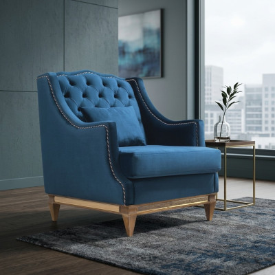 Sillón Chesterfield de lujo azul, salón de estar, salón, muebles de diseñador nuevos.