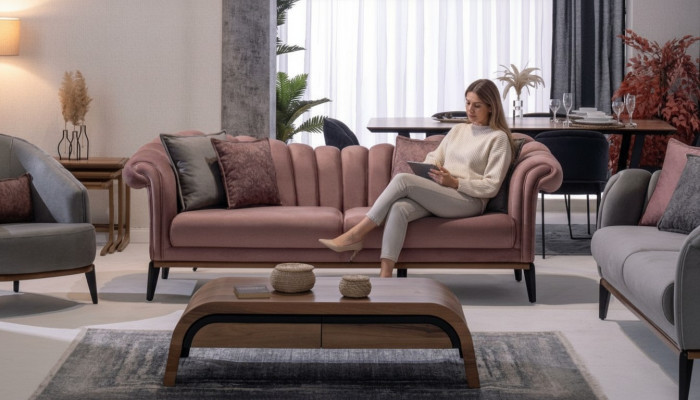 Estilo italiano Sofá de salón de 2 plazas Tela rosa Nuevo