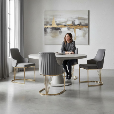 Grupo de 4 sillas de diseño con tapizado de tela para comedor de hostelería.