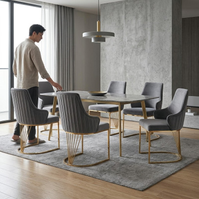 Grupo de 6 sillas de respaldo acolchado para hotel en tela nueva. Sofá de silla.