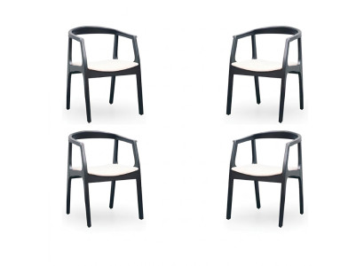 Conjunto de 4 sillas de diseño de madera y textil con tapizado para comedor o restaurante.