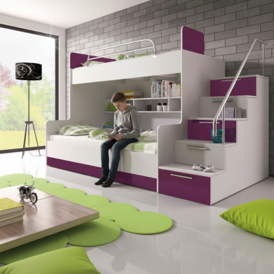 Litera doble morada para niños de alta brillantez con litera doble, cama alta de almacenamiento en el dormitorio de los niños.